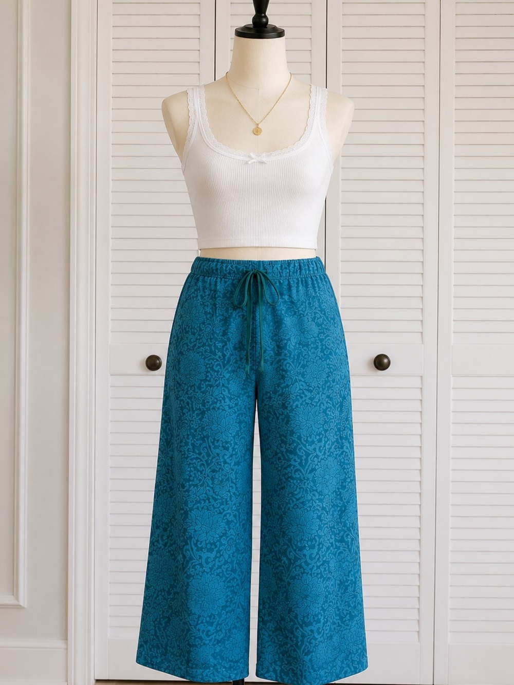 Natori Teal Damask Lounge Pants Pajama Bottoms Women’s M Wide Leg